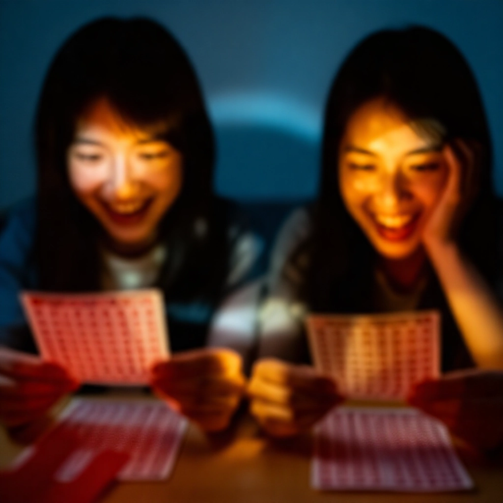 一人興奮刮刮樂燦爛微笑金黃燈光，對比另一人傷心盯代碼藍調房間駝背失望