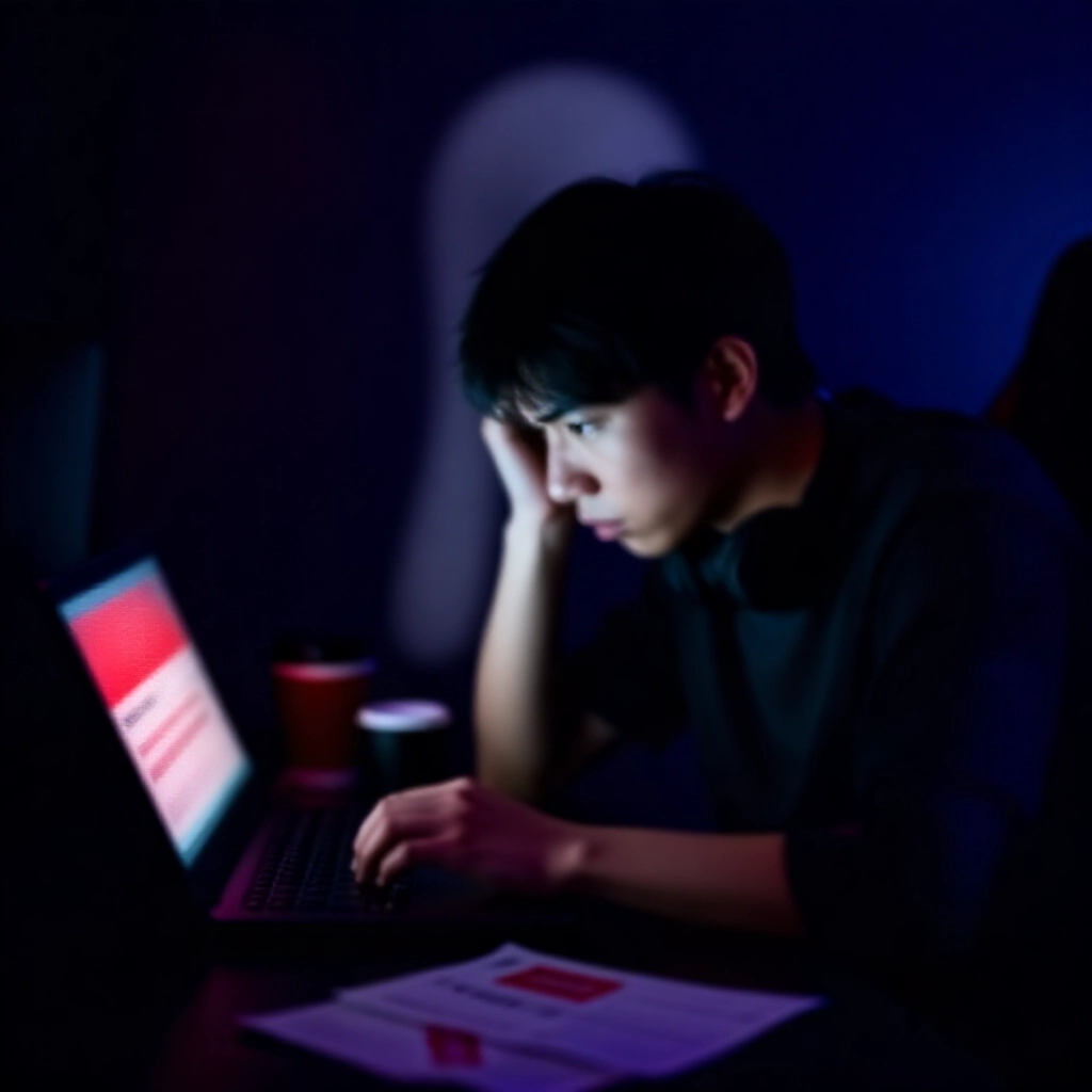 深夜在昏暗房間中沮喪的台灣年輕玩家,緊張盯著筆電螢幕上閃爍的紅色出金拒絕通知,桌上散落投注單據和咖啡杯