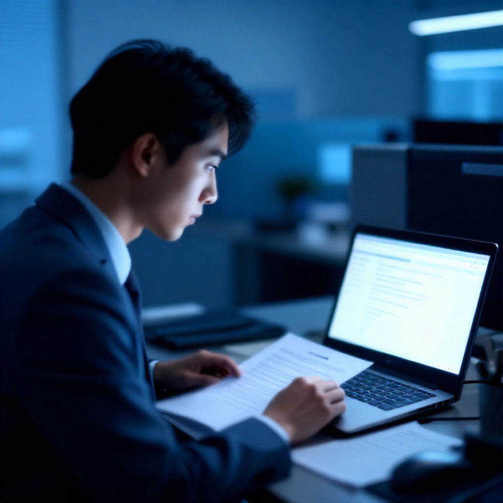 專業分析師在台灣現代辦公室檢視法律文件與線上博弈介面，營造謹慎權威與深度分析氛圍