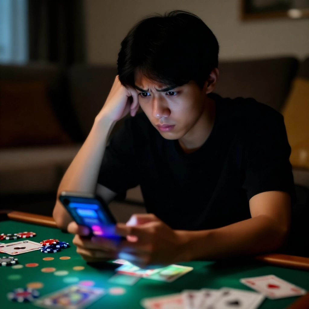 一位年輕台灣男子在昏暗客廳燈光下，擔憂地盯著智慧型手機螢幕，顯示色彩繽紛的線上投注遊戲介面，桌上散落虛擬籌碼和牌
