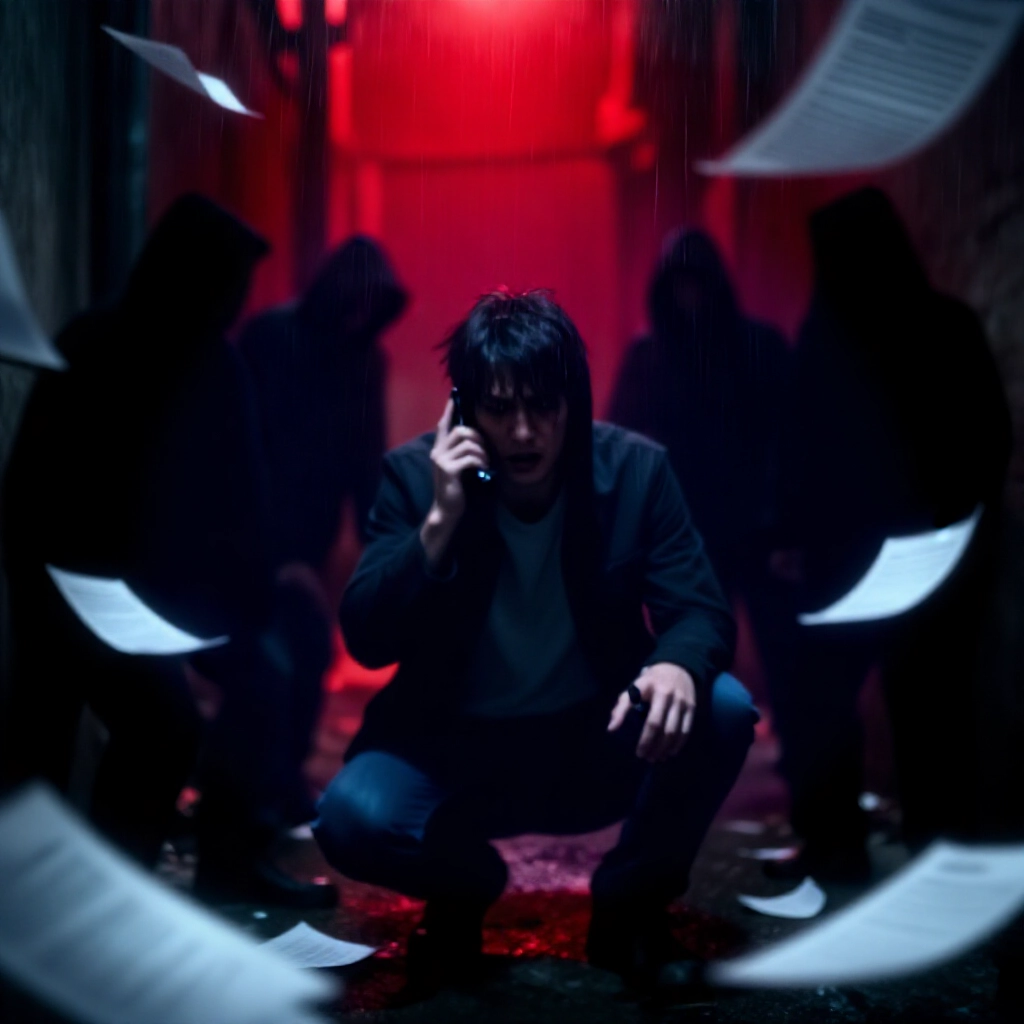 黑暗巷弄中，苦惱玩家被陰影代理追趕，手機不停嗡嗡作響，黑名單與法律文件在暴風雨紅天下飛散