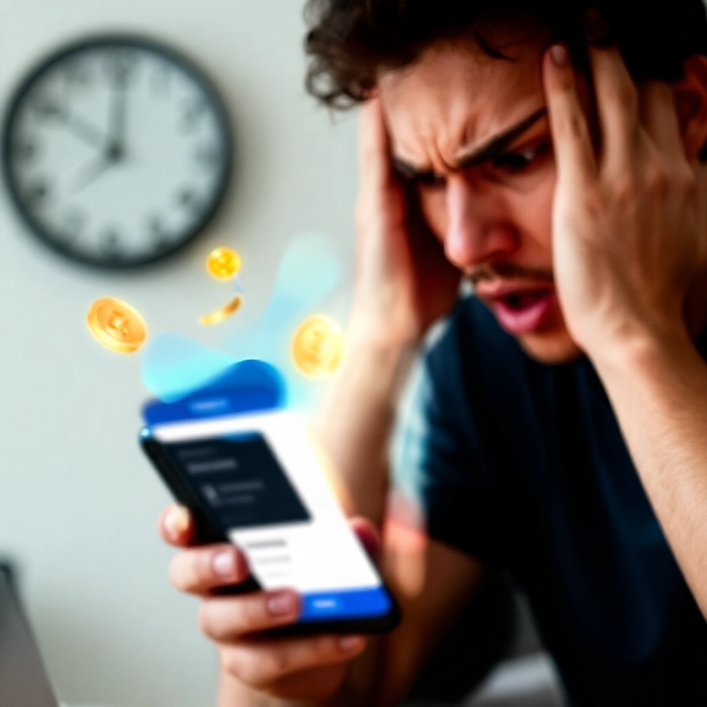沮喪玩家緊張檢查手機銀行App提領狀態，周圍虛擬貨幣圖示浮動，時鐘滴答作響