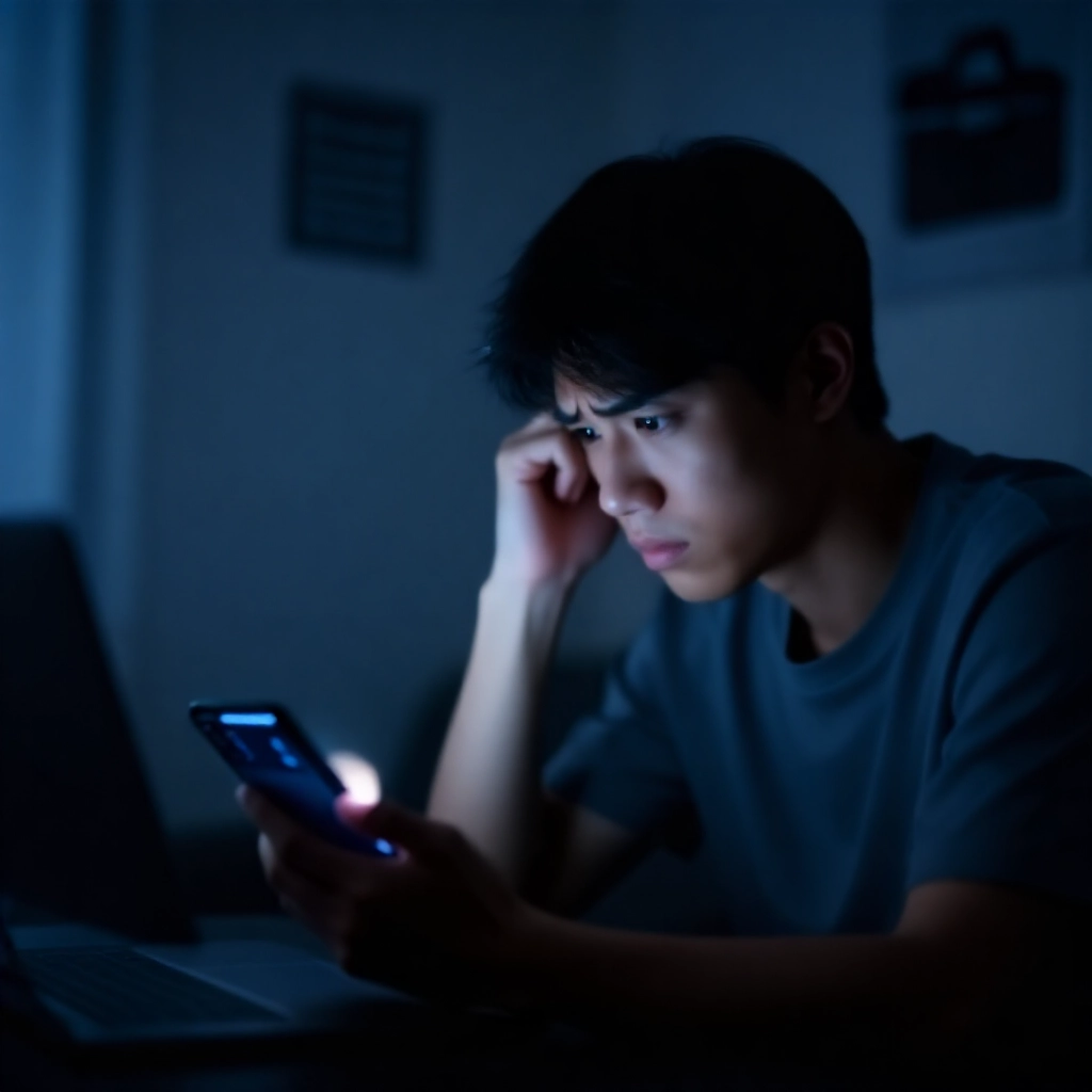 焦慮的年輕台灣男子在昏暗房間盯著顯示博弈網站警報的手機，周圍環繞警察文件與鎖定錢包陰影圖示
