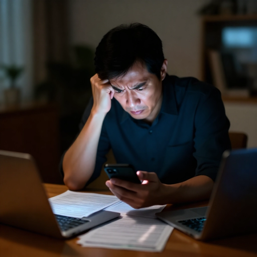 一位中年台灣男子在夜晚昏暗都市公寓中，焦慮查看智慧型手機通知，周圍散落銀行對帳單與顯示博弈警示的筆電，臉部表情緊張陰影強調憂慮