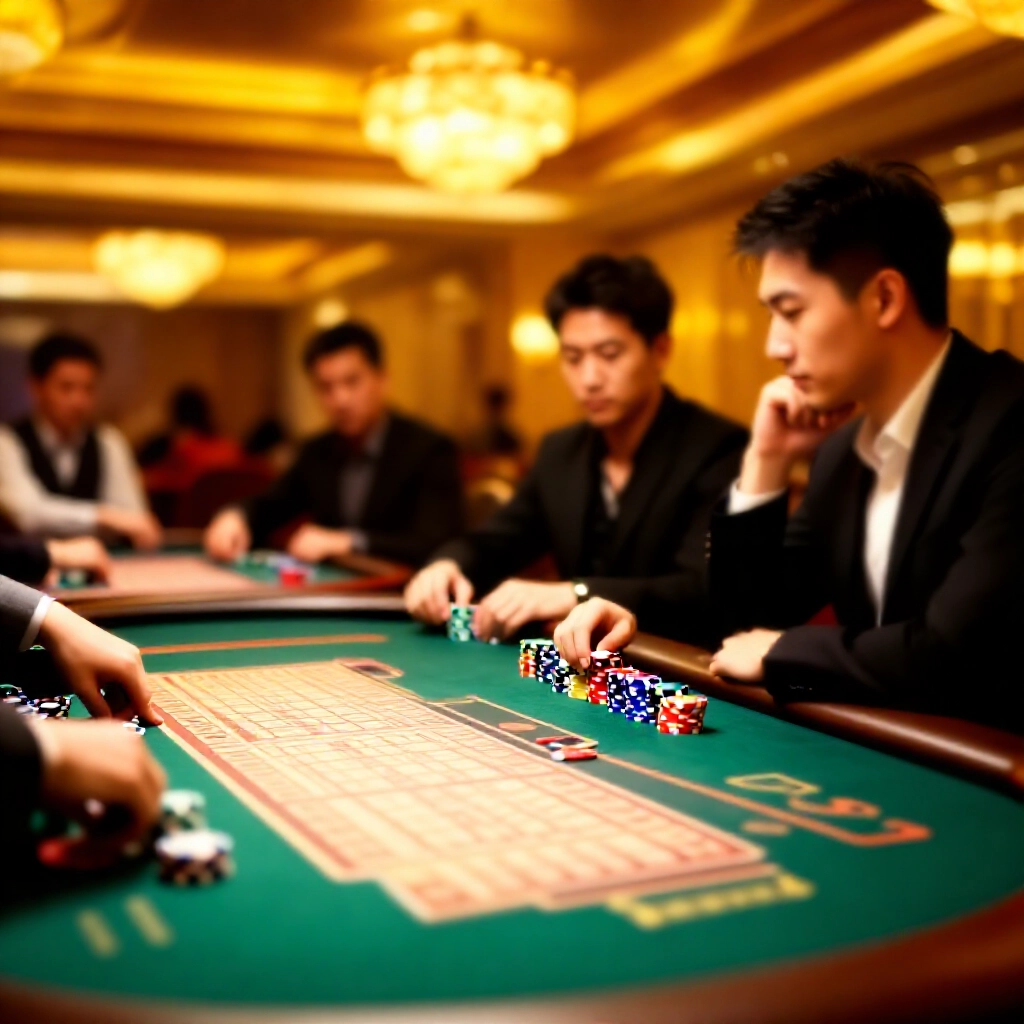 優雅的賭場內部,拋光百家樂桌在溫暖金色燈光下,五顏六色的籌碼堆疊旁邊有精緻的記分卡,專注的亞洲玩家若有所思地傾身
