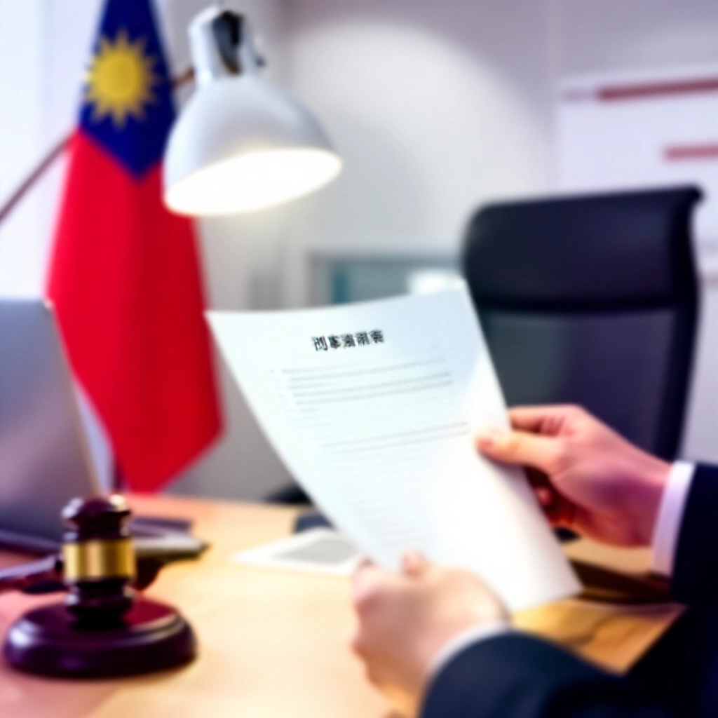 專業律師在現代台灣辦公室中，指著燈光照亮的刑法書籍重點頁面，背景有法槌和國旗，營造權威氛圍