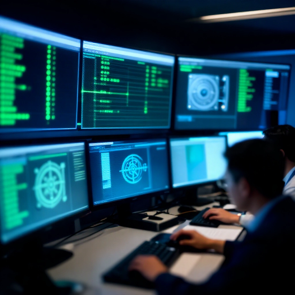 高科技安全儀表板顯示加密資料流與綠色驗證燈光，分析師監控交易路徑與保險庫圖示，傳達強烈保護與透明感