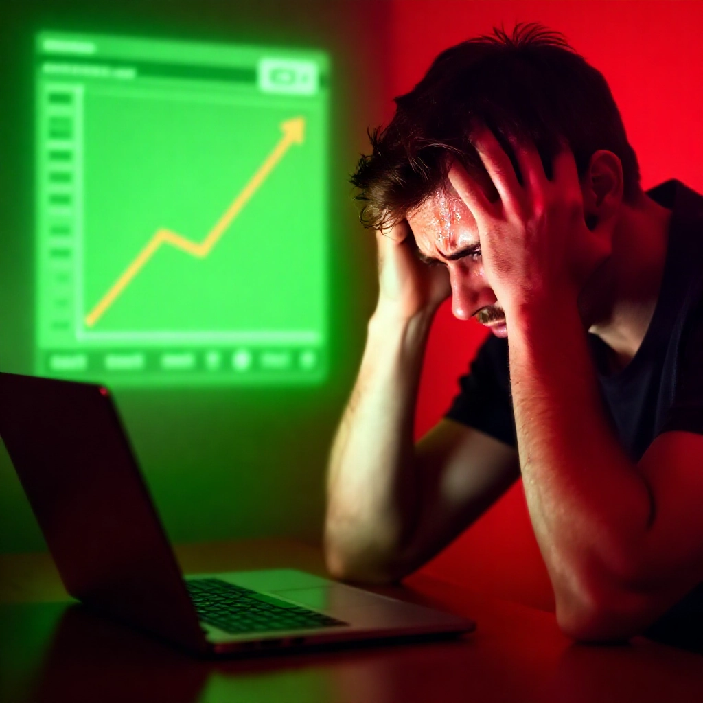 壓力大的台灣成人玩家在筆電前比較信用版與現金版帳冊,債務圖表上升對比安全綠色出金圖示
