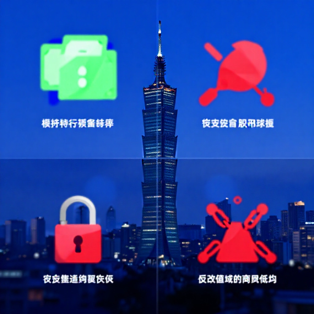 藍色調專業資訊圖表，對比綠色安全現金版圖示如即時轉帳鎖頭，與紅色高風險信用版鎖鏈及債務陷阱，背景為台灣城市天際線黃昏景觀