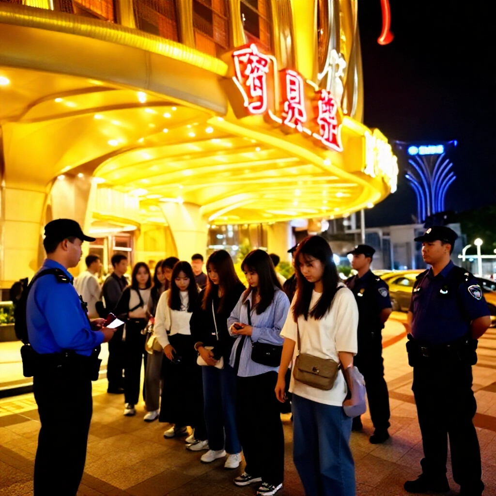 澳門賭場入口熱鬧夜景，保安檢查護照，時尚台灣遊客穿休閒商務服在金色燈光與霓虹燈下排隊