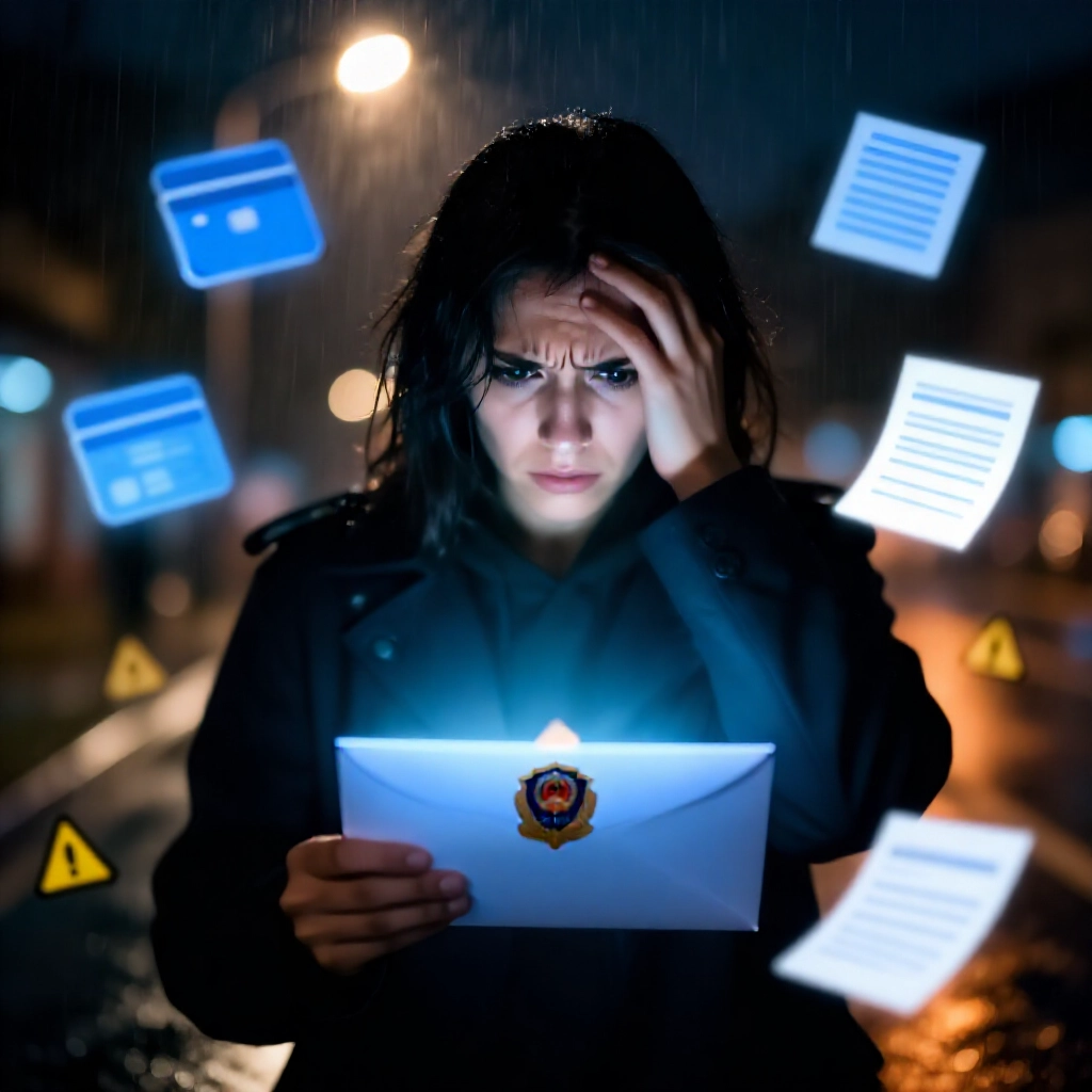 憂心忡忡的人手持帶有警察標誌的公文信封,在雨夜街燈光芒中,周圍浮現凍結銀行卡與法律文件的警示圖示,充滿緊張戲劇陰影