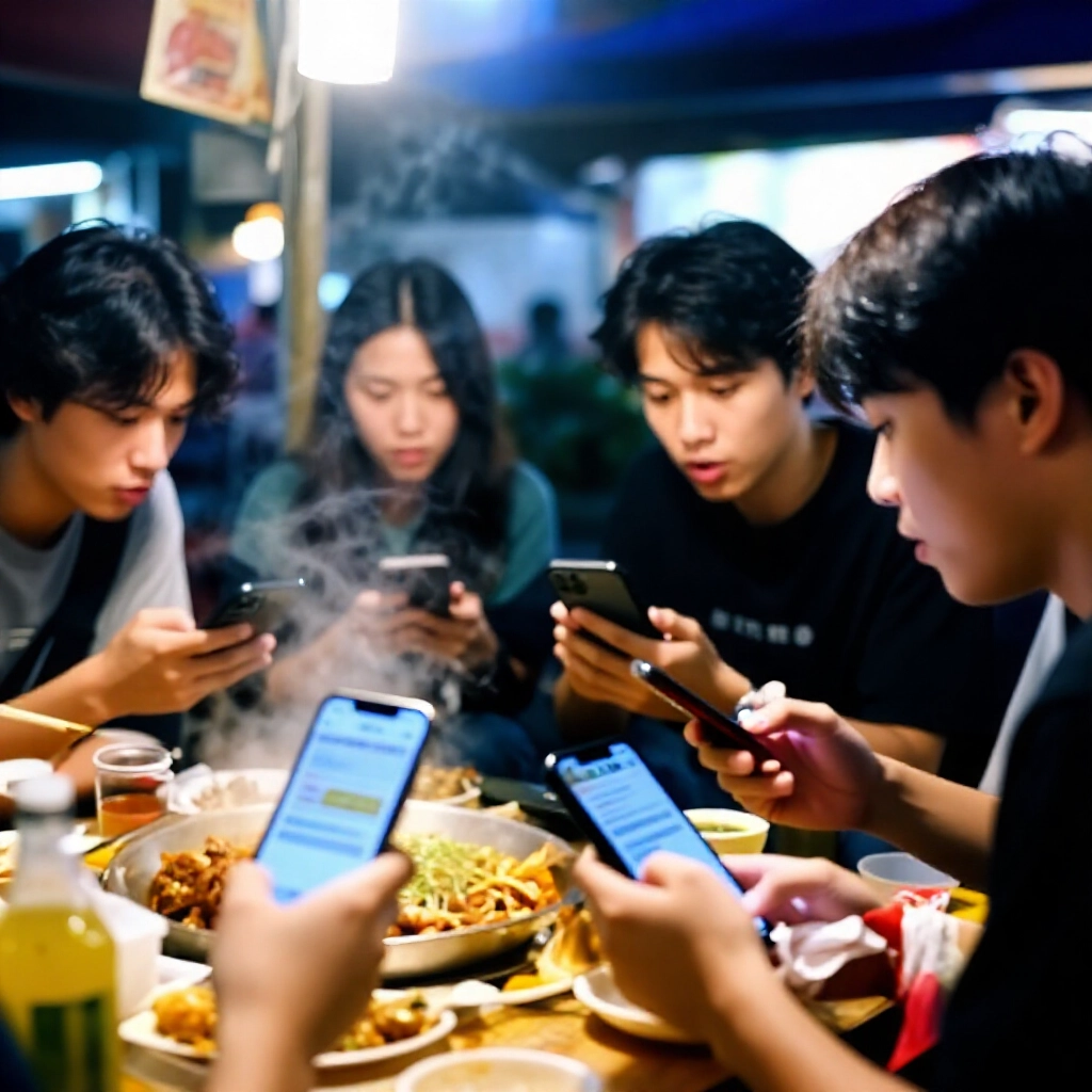 一群年輕台灣朋友在夜市攤位熱烈討論PTT Dcard上LEO出金經驗截圖,手機旁熱騰騰街邊小吃