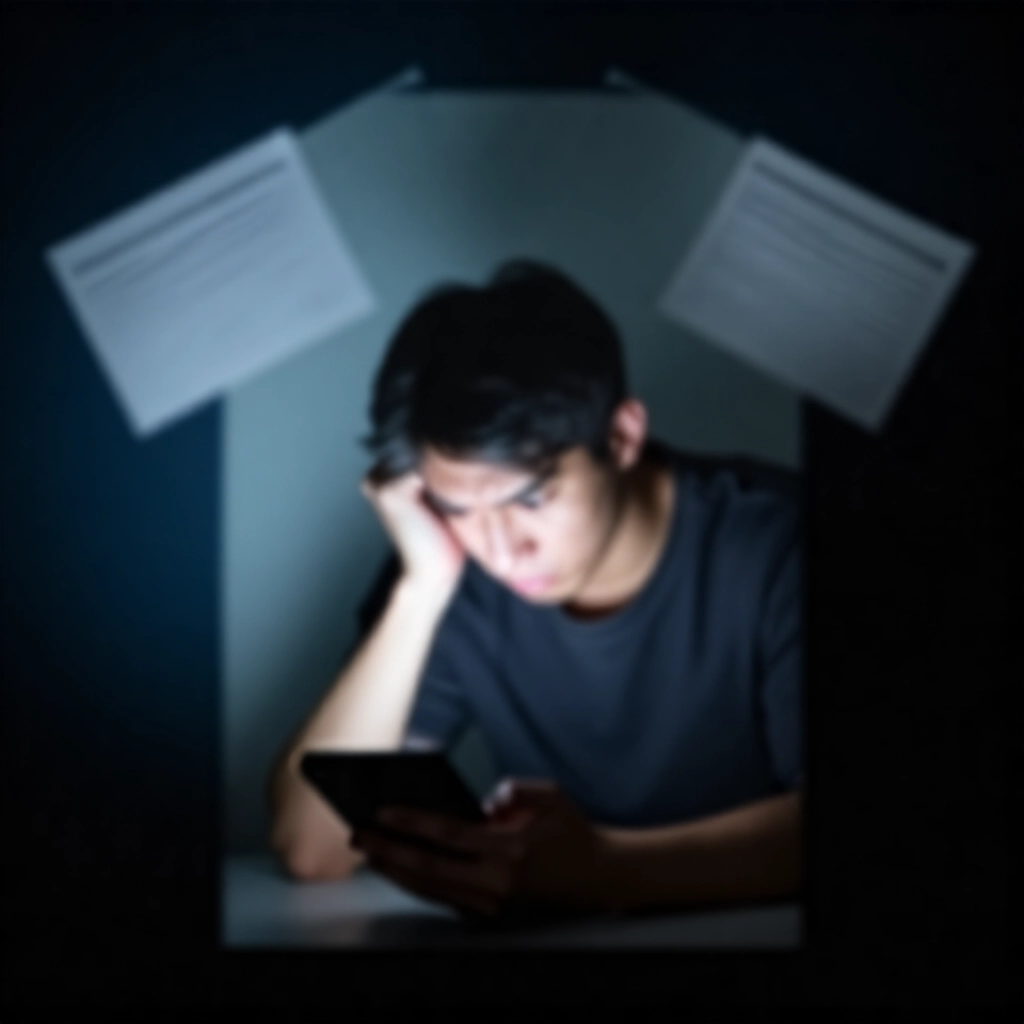 深夜陰影房間中憂心忡忡的年輕男子，彎腰盯視發光手機螢幕表情緊張，牆上隱約浮現官方文件與警示陰影