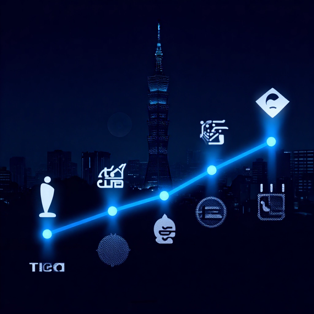 九州 LEO 品牌從 THA 起源演進的數位時間軸圖,霓虹藍路徑與未來台北市景暗黑背景