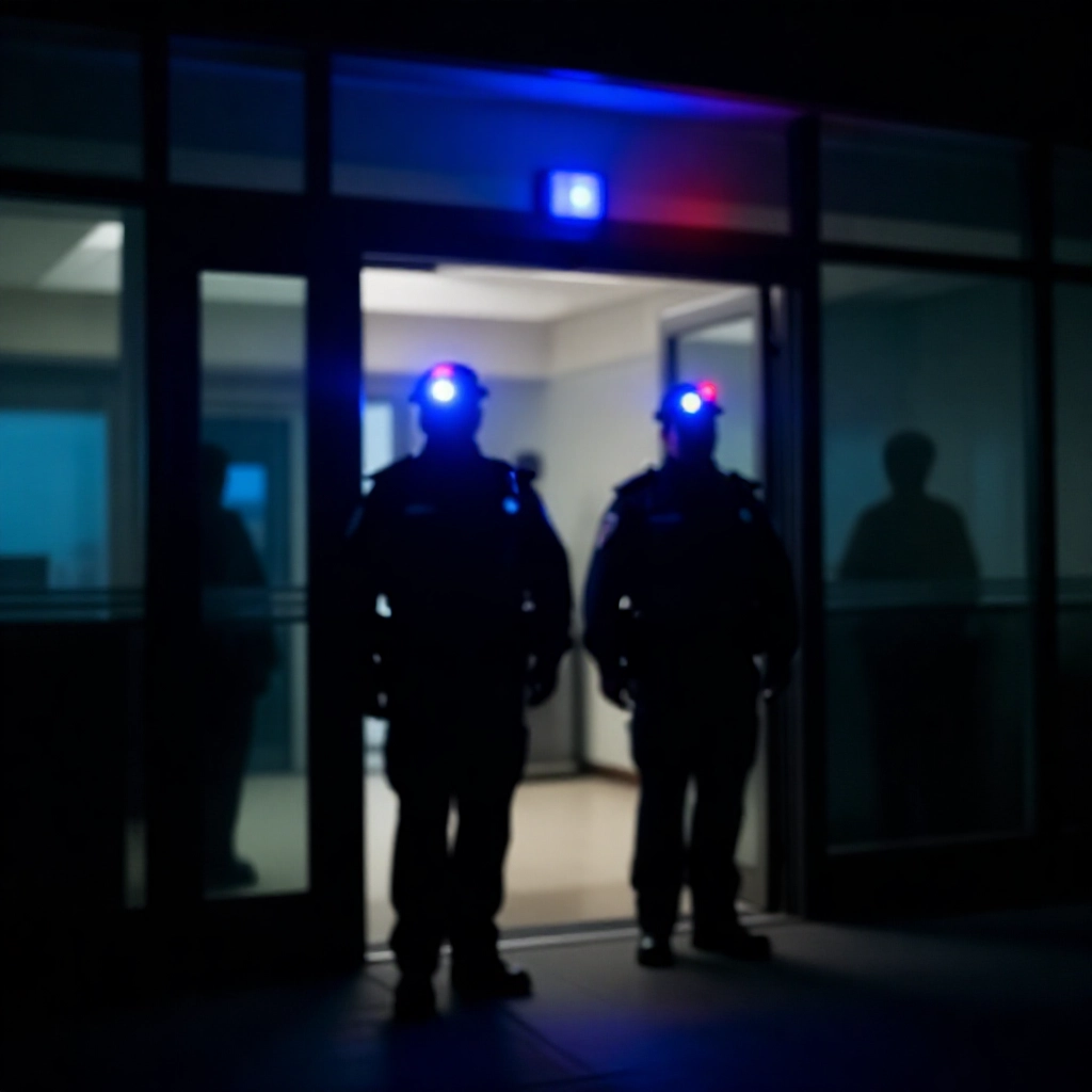 警察夜間持手電筒進入現代辦公大樓，緊急燈光營造緊張氛圍
