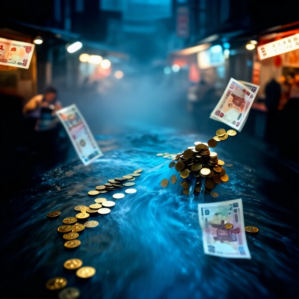 藍色水流分支轉化為金幣紙錢束與陰影資金流,在台灣夜市燈光下神秘霧氣氛,象徵水錢的多重含義