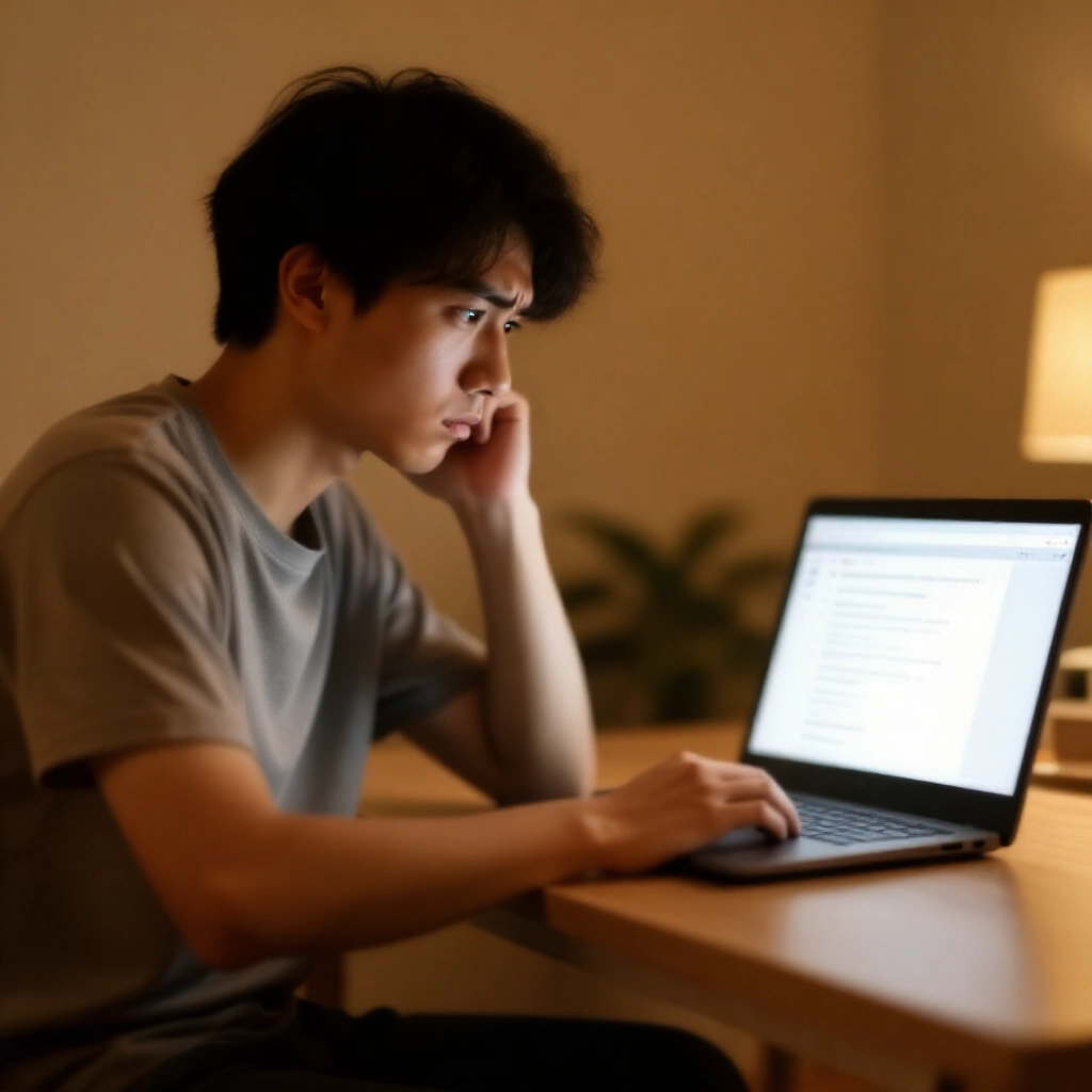 年輕男子坐在桌前，盯著顯示論壇討論串的筆電螢幕，一臉擔憂