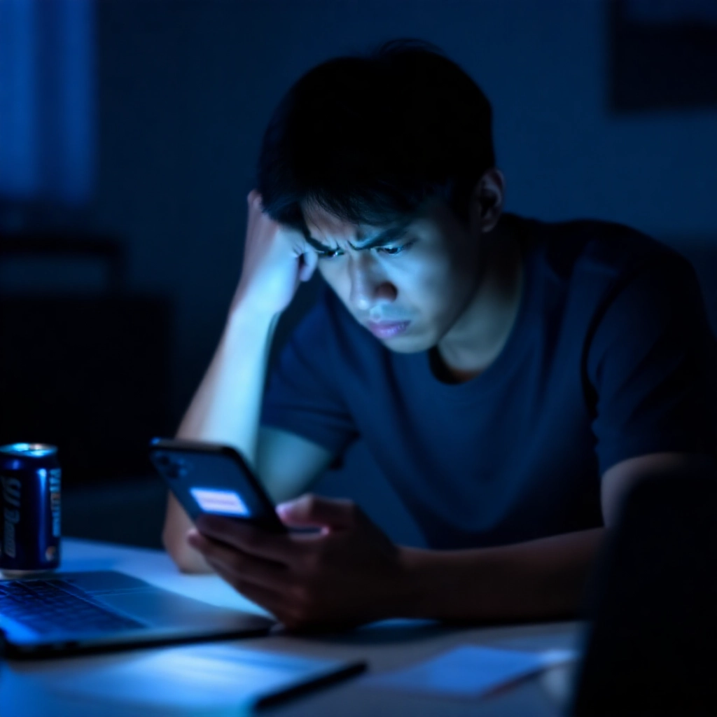 一名壓力大的年輕台灣男子,在夜晚昏暗的臥室中,被藍色智慧手機光芒籠罩,焦慮地查看線上娛樂城 App 顯示提款被拒的通知,眉頭深鎖、下巴緊咬,桌上散亂著能量飲料罐和投注截圖