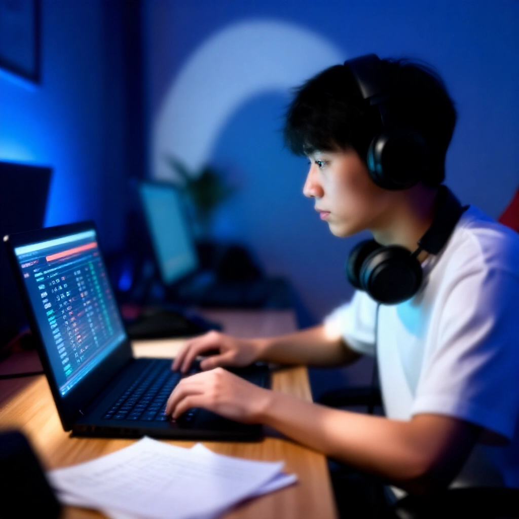 年輕台灣玩家懷疑地盯著筆電螢幕上的娛樂城評價圖表，房間藍光氛圍柔和，桌上散落筆記