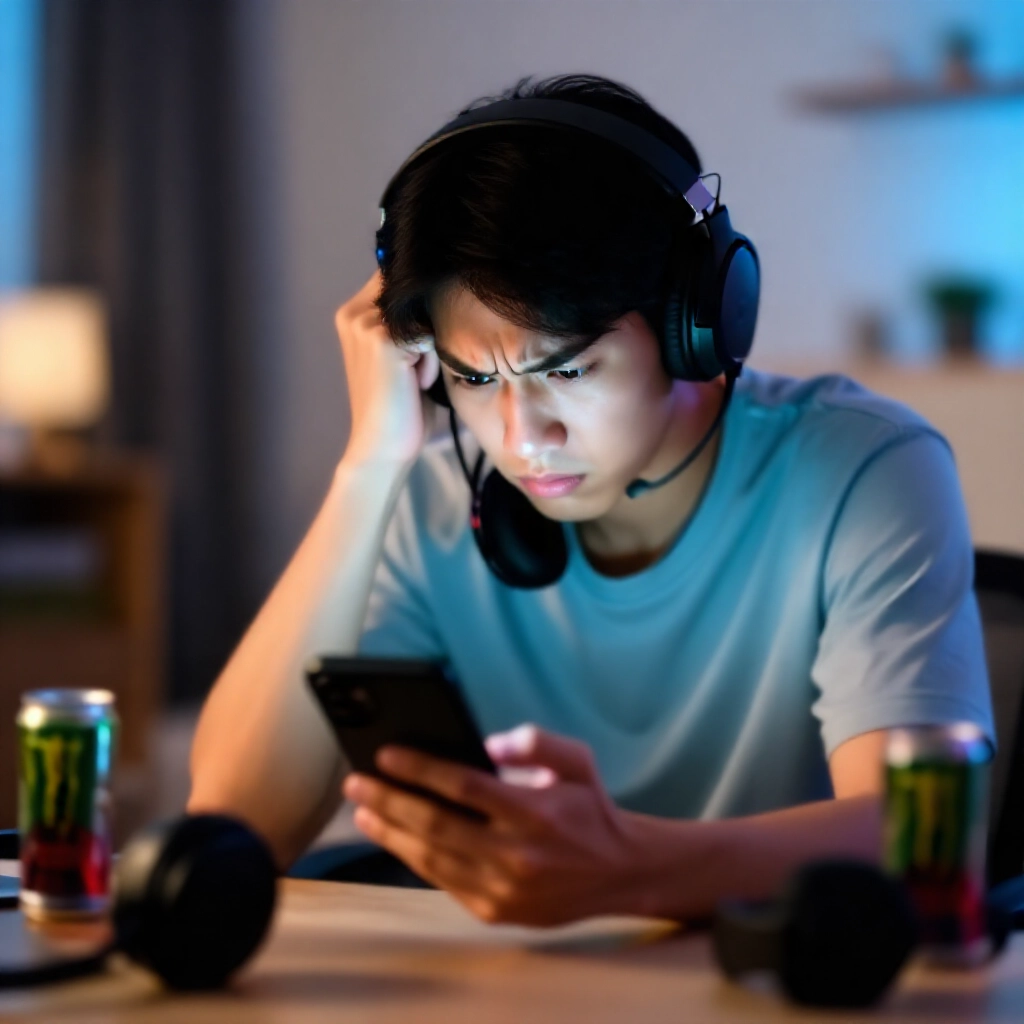 沮喪的年輕台灣男子在現代公寓柔和晚間燈光下盯著智慧型手機螢幕,表情緊張,手持裝置,周圍有遊戲耳機和能量飲料