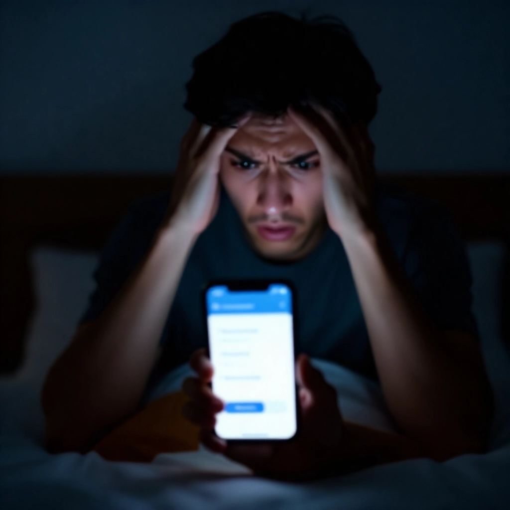 一名焦慮的年輕人在昏暗臥室燈光下,瘋狂檢查智慧型手機銀行App,顯示最近大額轉帳至可疑帳戶,並有凍結餘額通知