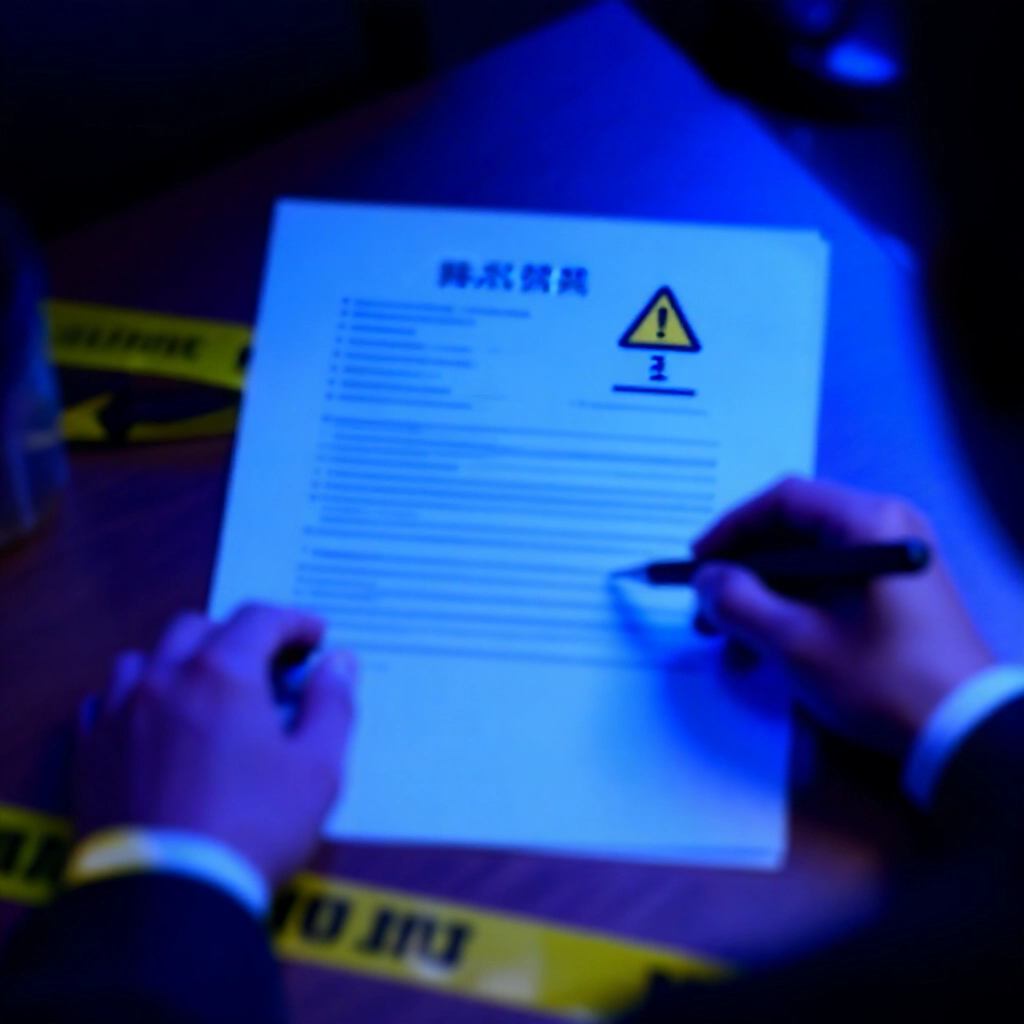 警方調查場面，木桌上突擊文件與法律警告圖示在藍色螢光燈下呈現權威氛圍
