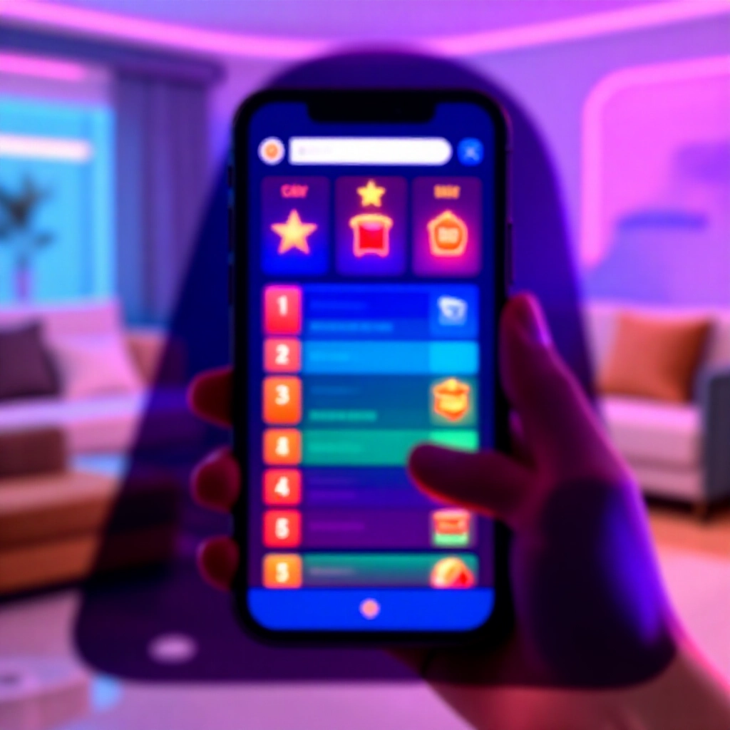 智慧型手機螢幕顯示色彩繽紛的娛樂城 App 排行榜，星城與大福圖示閃耀，在現代台灣臥室夜晚，柔和霓虹燈照亮興奮玩家的雙手