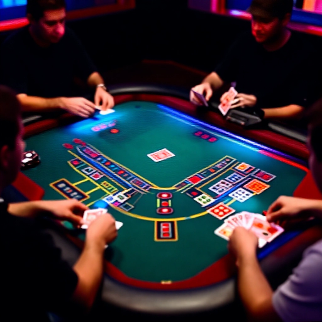 電子桌遊區明亮螢幕顯示百家樂介面,機器手臂發牌,玩家輕鬆下小注