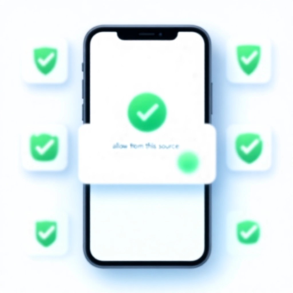 Android 手機顯示 APK 安裝警告畫面，「允許來自此來源」切換開啟，周圍安全掃描圖示，乾淨現代 UI 綠色勾勾及微妙陰影
