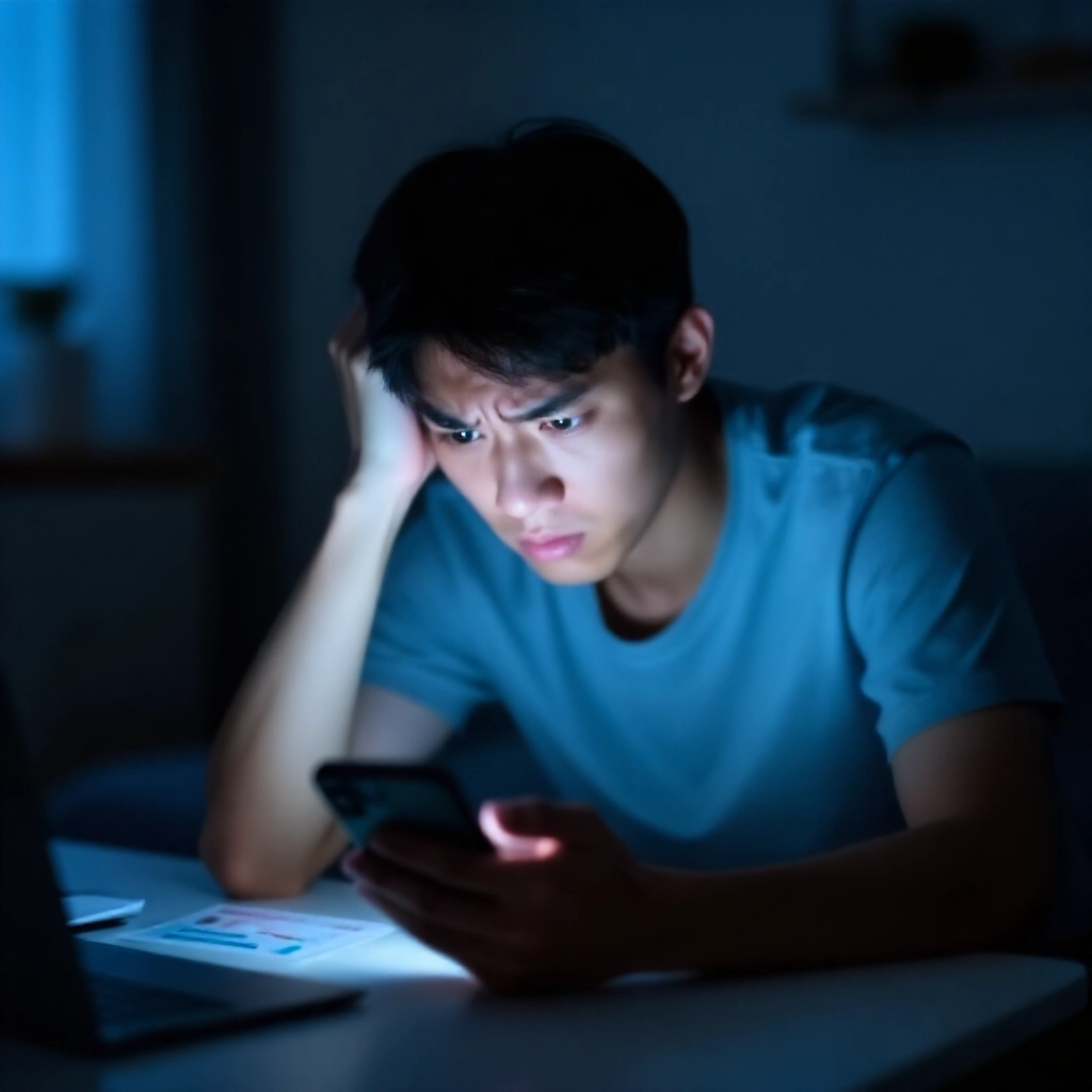 深夜擔心盯著手機身分證驗證畫面的年輕台灣男子