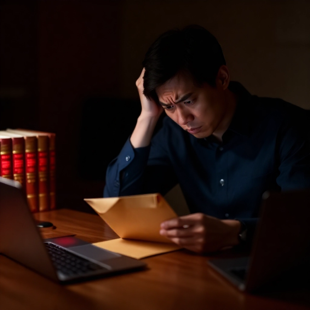 焦慮台灣成人坐在木桌前開啟官方信封,旁邊法學書籍與筆電顯示紅色數位足跡,在陰暗氛圍房間