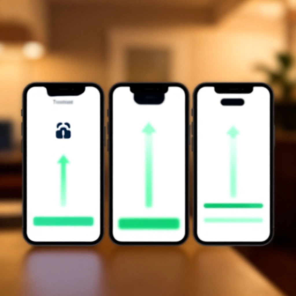 iOS裝置上逐步顯示App下載進度畫面，包含信任設定檔安裝箭頭與綠色安全勾選，在溫暖室內燈光下