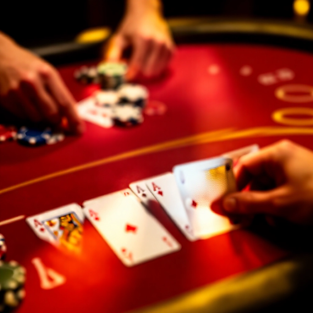 賭場牌桌在暖金色燈光下顯示撲克牌,A牌可算1或11點,臉牌J、Q、K,玩家手牌點數計算,莊家身影在旁,紅色氈面散落籌碼