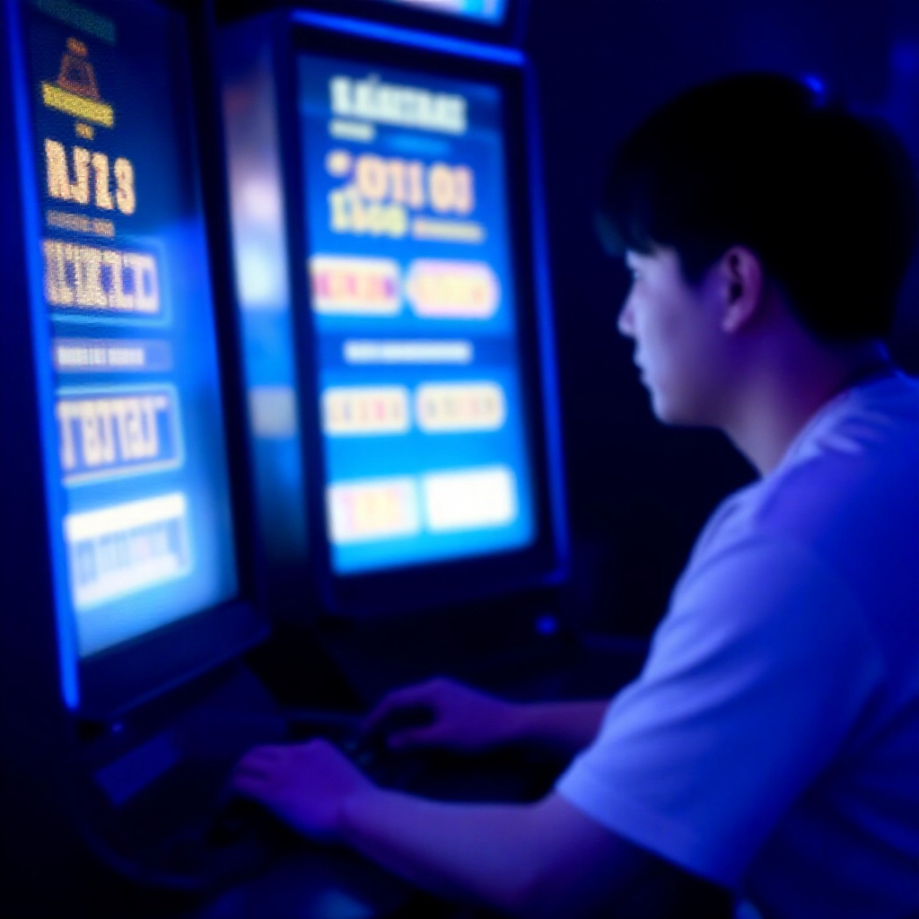 台灣玩家身穿休閒衫,專注觀察老虎機螢幕顯示頻繁小獎與大獎預告,高波動階段藍色環境光與細微粒子效果