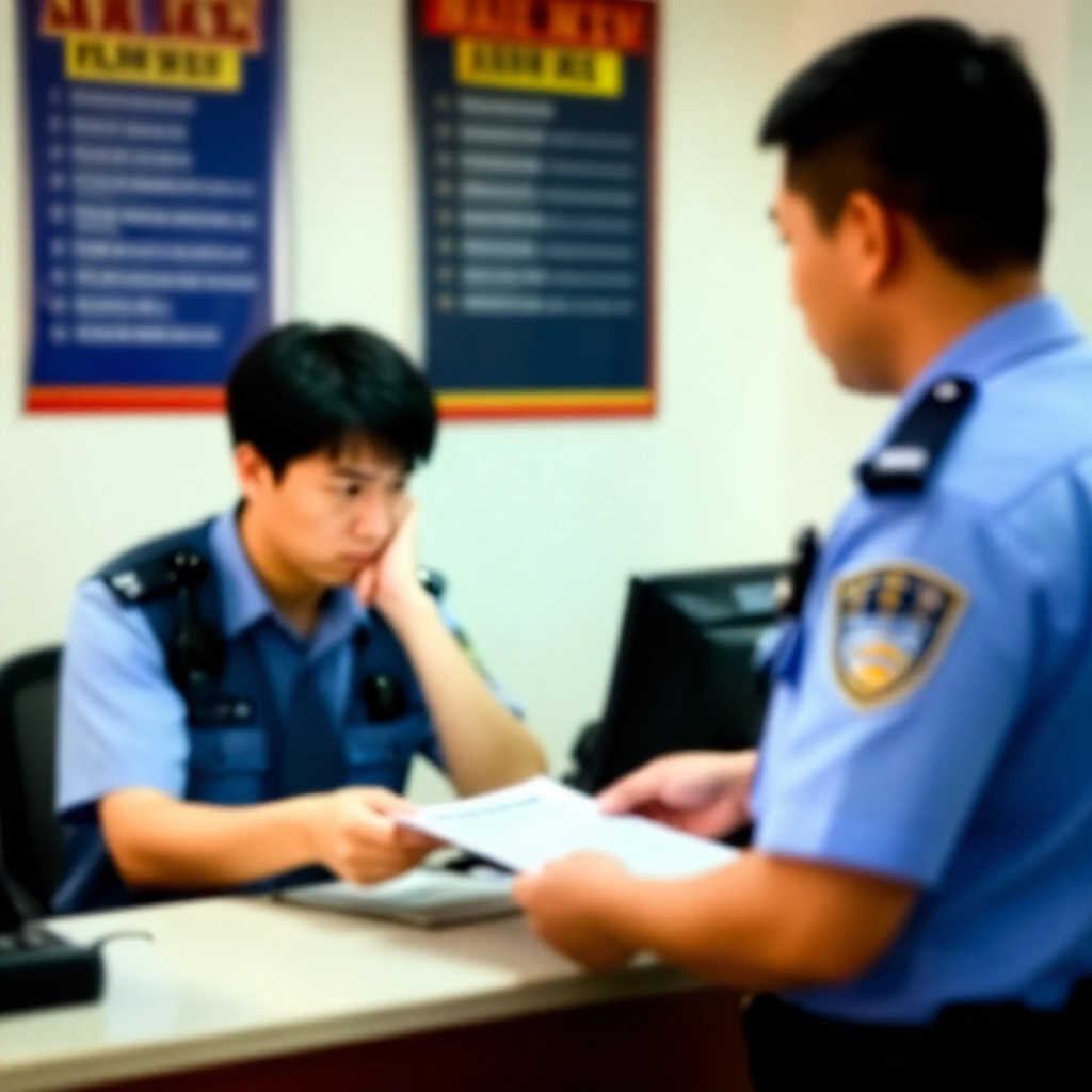 一名若有所思的個人在警察局櫃檯前,猶豫遞交文件給警官,同時緊張地瞥向牆上的賭博法規海報