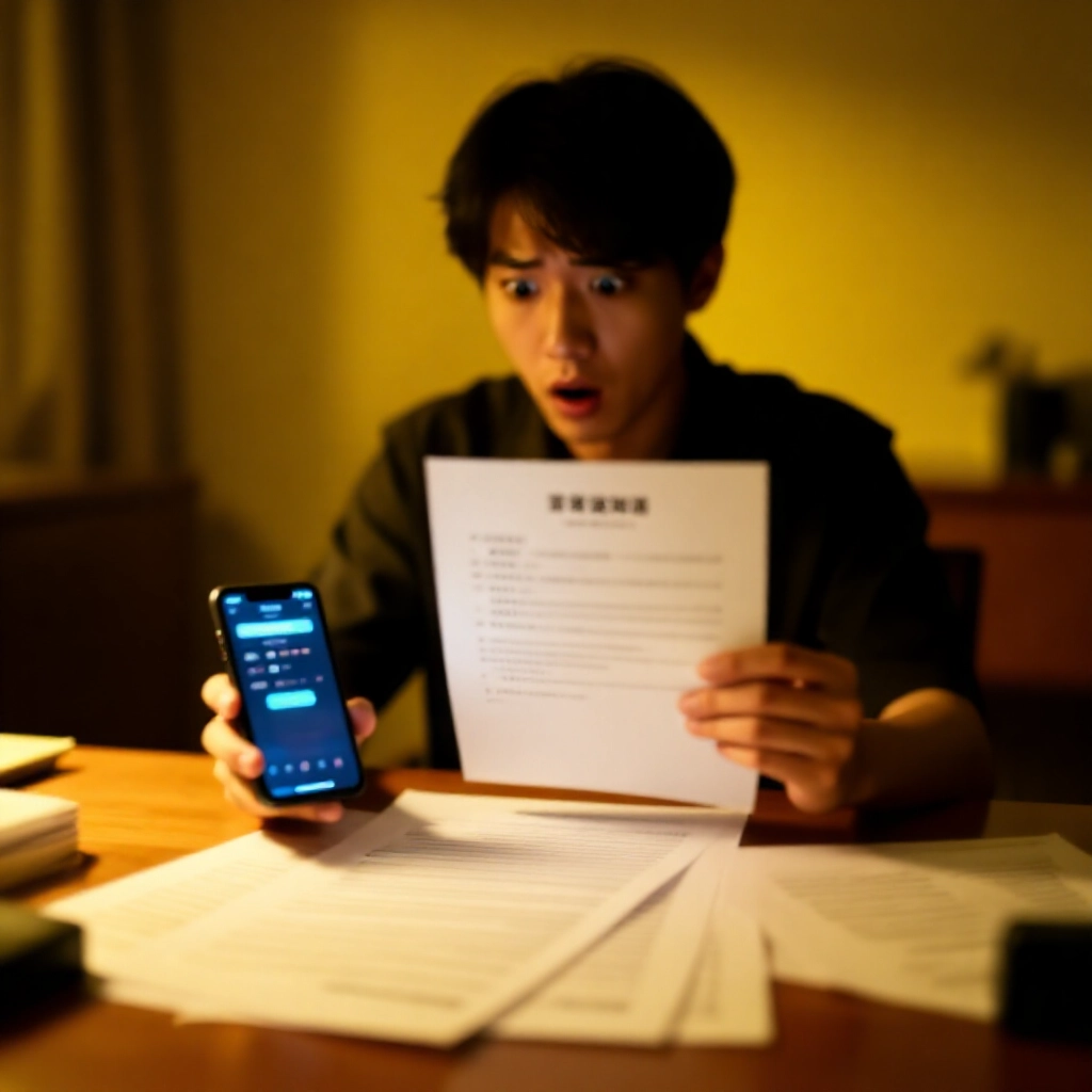 台灣年輕人震驚地在公寓內手持警察局正式通知書,盯著智慧型手機上的賭博App畫面,桌上散落文件,暖黃色室內燈光投射焦慮陰影