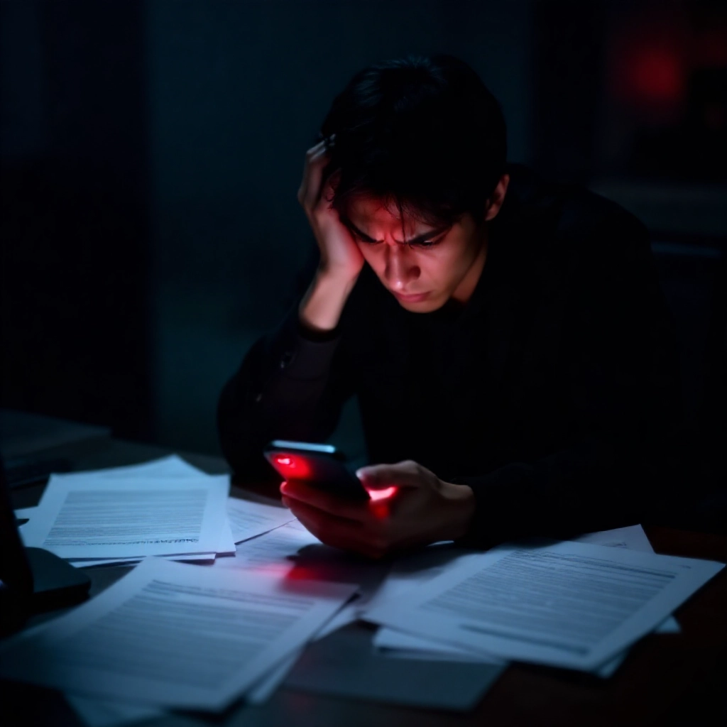 焦慮玩家在智慧手機上瀏覽Dcard與PTT論壇,周圍散落法律文件與陰影人物,在黑暗雨夜緊張紅色警示光芒中