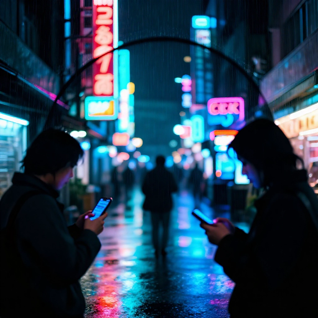 賽博龐克霓虹燈光台灣夜街，閃爍娛樂城招牌，陰影玩家在雨中檢查手機Dcard評論